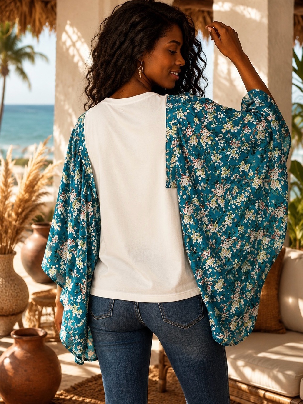 Teal Floral Kimono Cardigan shirt - Picture 2 of 2